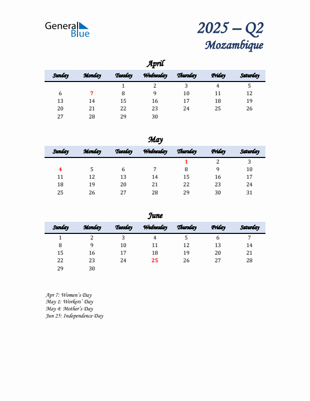 April, May, and June Calendar for Mozambique with Sunday Start