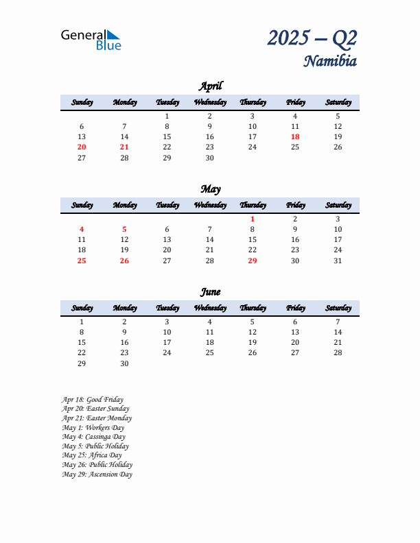 April, May, and June Calendar for Namibia with Sunday Start