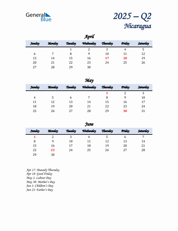 April, May, and June Calendar for Nicaragua with Sunday Start