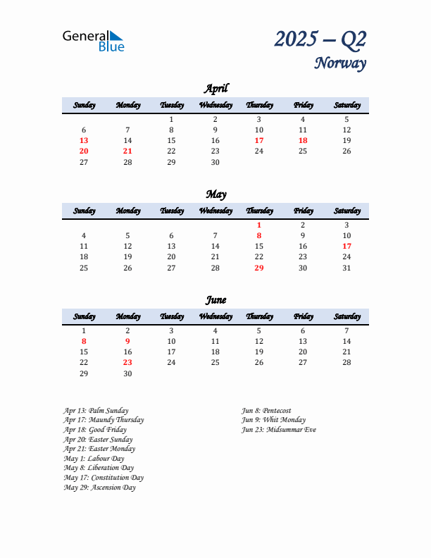 April, May, and June Calendar for Norway with Sunday Start