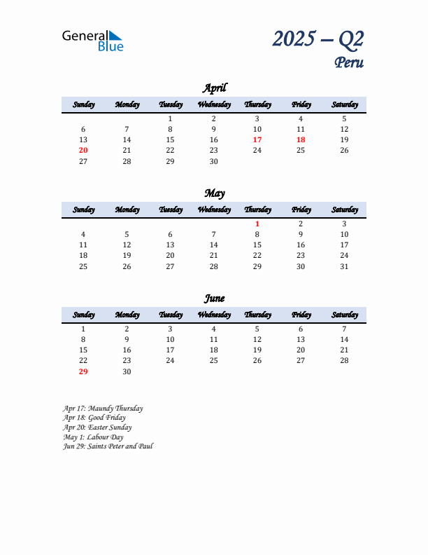 April, May, and June Calendar for Peru with Sunday Start