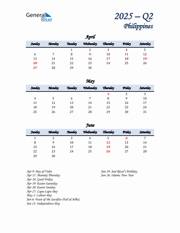 April, May, and June Calendar for Philippines with Sunday Start