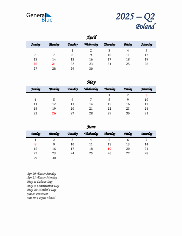 April, May, and June Calendar for Poland with Sunday Start