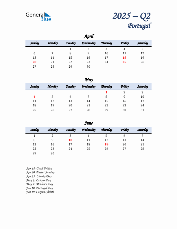 April, May, and June Calendar for Portugal with Sunday Start