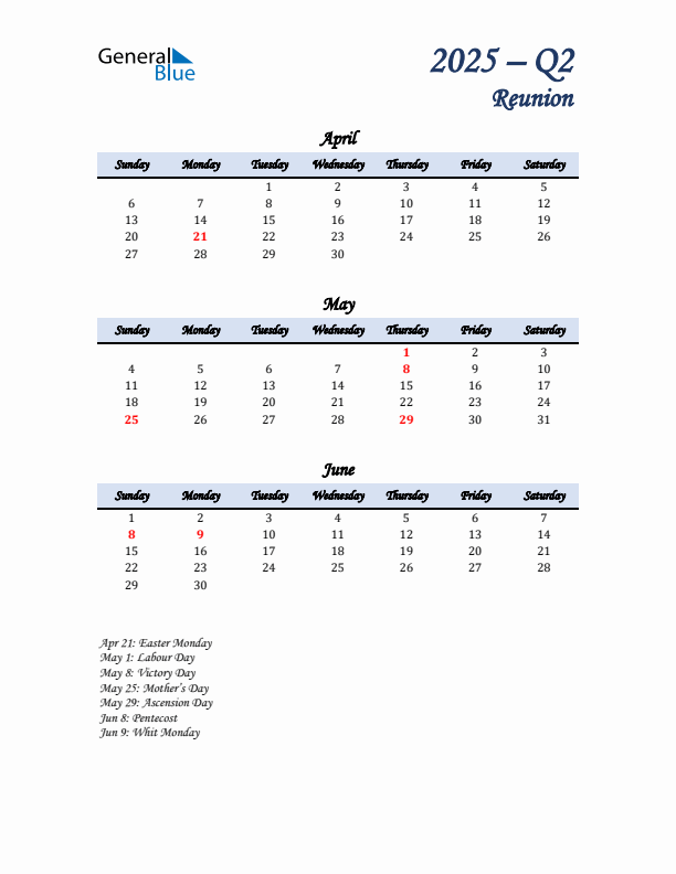 April, May, and June Calendar for Reunion with Sunday Start