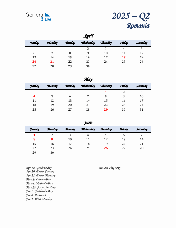 April, May, and June Calendar for Romania with Sunday Start