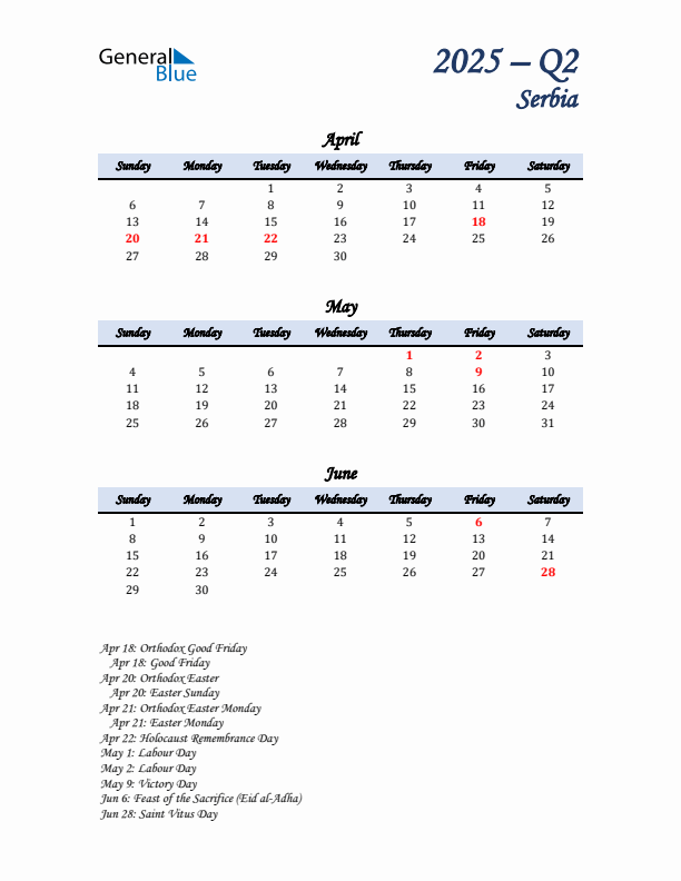 April, May, and June Calendar for Serbia with Sunday Start