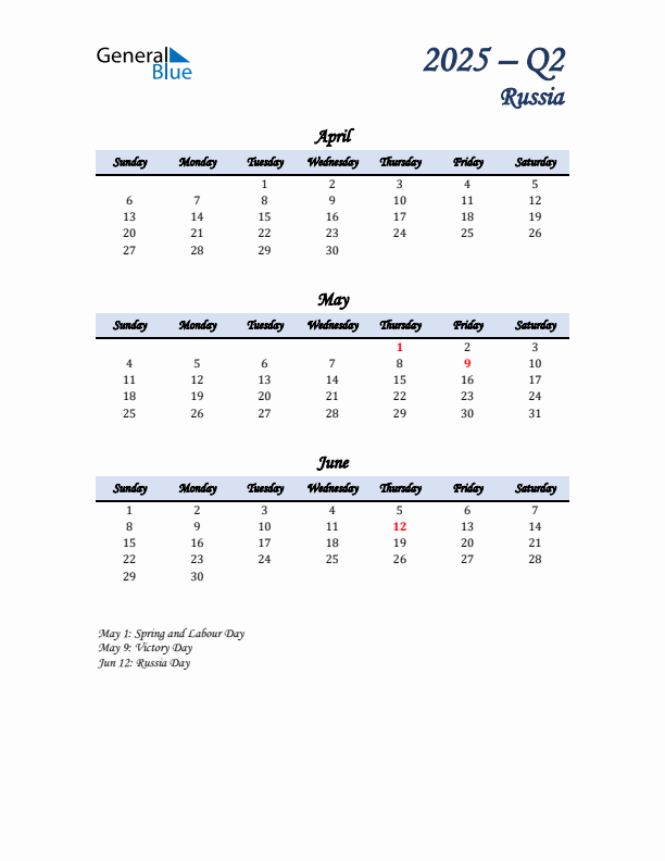 April, May, and June Calendar for Russia with Sunday Start