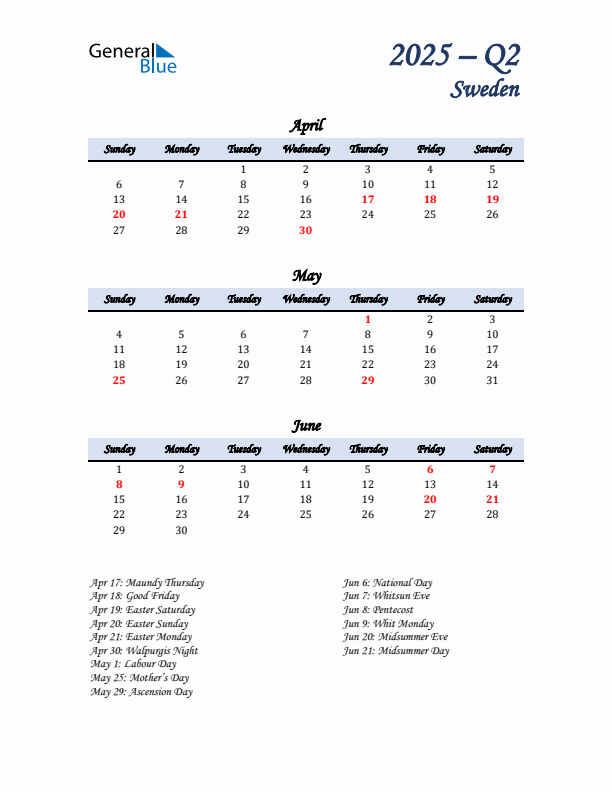 April, May, and June Calendar for Sweden with Sunday Start