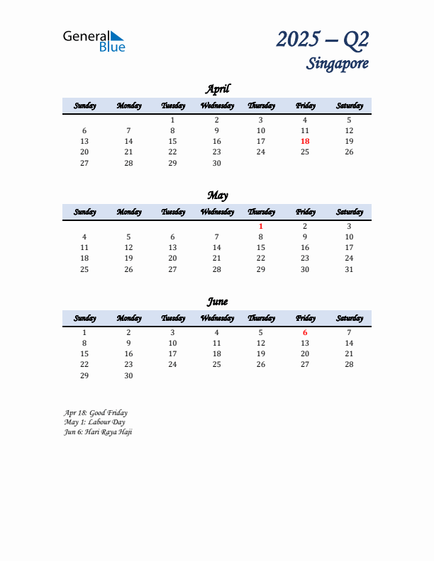 April, May, and June Calendar for Singapore with Sunday Start