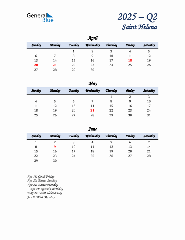 April, May, and June Calendar for Saint Helena with Sunday Start