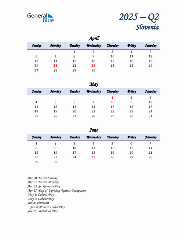 April, May, and June Calendar for Slovenia with Sunday Start