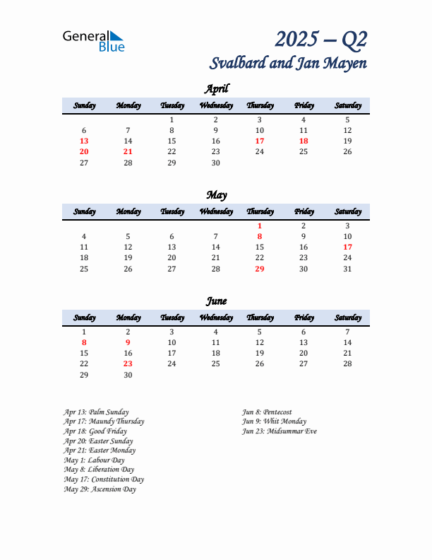 April, May, and June Calendar for Svalbard and Jan Mayen with Sunday Start