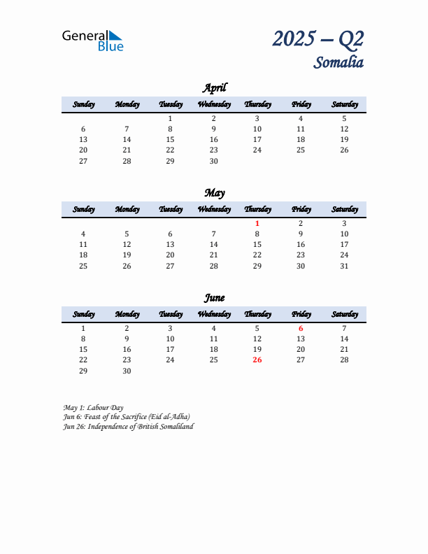 April, May, and June Calendar for Somalia with Sunday Start