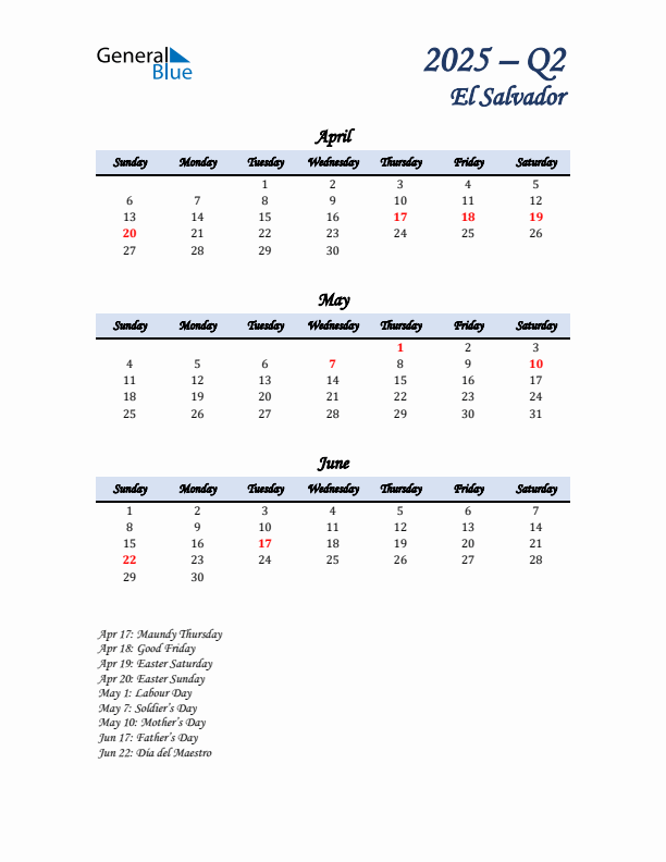 April, May, and June Calendar for El Salvador with Sunday Start