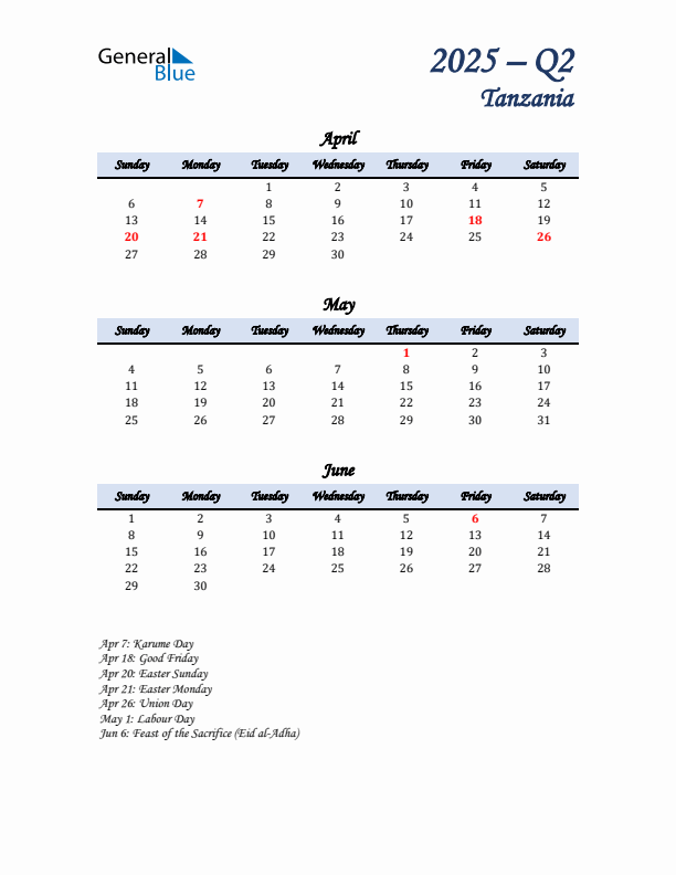 April, May, and June Calendar for Tanzania with Sunday Start