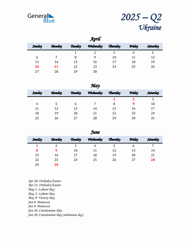 April, May, and June Calendar for Ukraine with Sunday Start