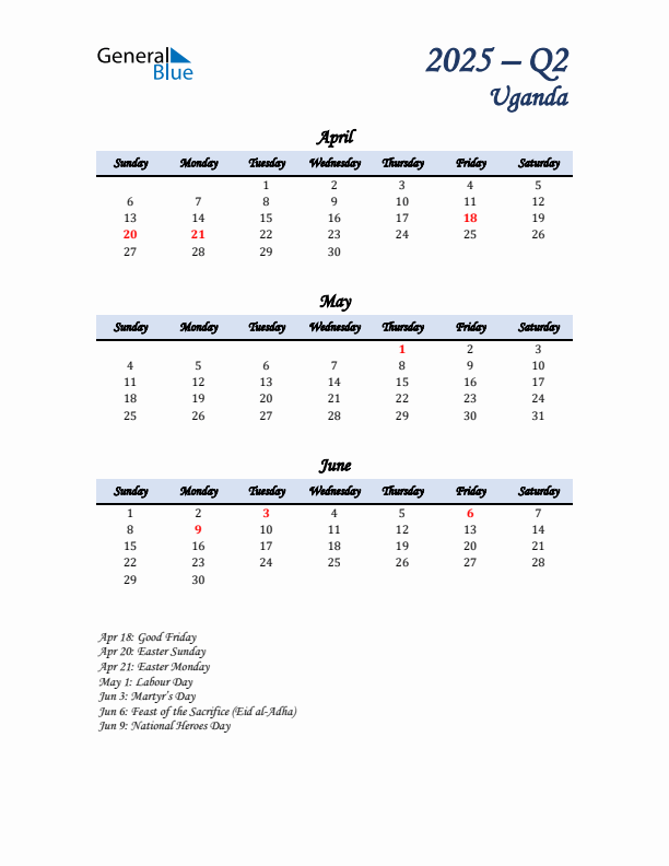 April, May, and June Calendar for Uganda with Sunday Start