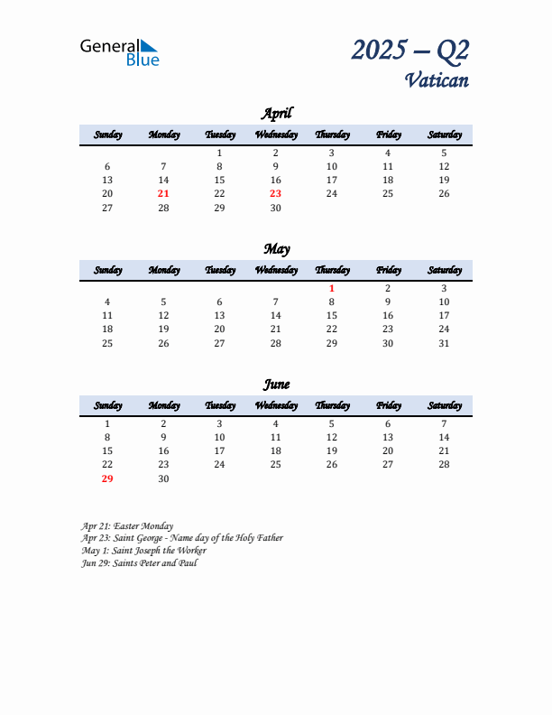 April, May, and June Calendar for Vatican with Sunday Start