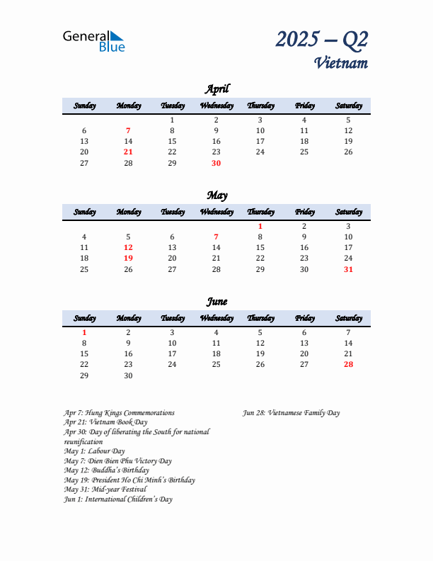 April, May, and June Calendar for Vietnam with Sunday Start