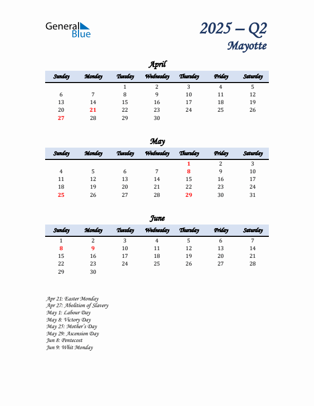 April, May, and June Calendar for Mayotte with Sunday Start