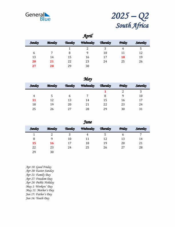 April, May, and June Calendar for South Africa with Sunday Start