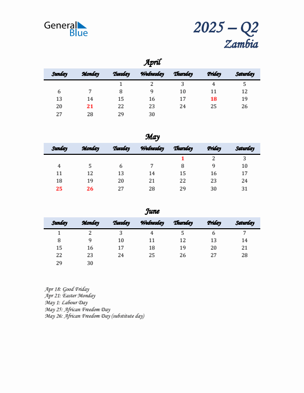 April, May, and June Calendar for Zambia with Sunday Start