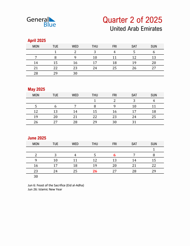 Printable Three Month Calendar with United Arab Emirates Holidays