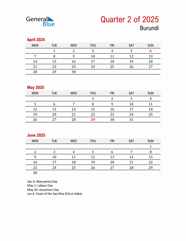 Printable Three Month Calendar with Burundi Holidays