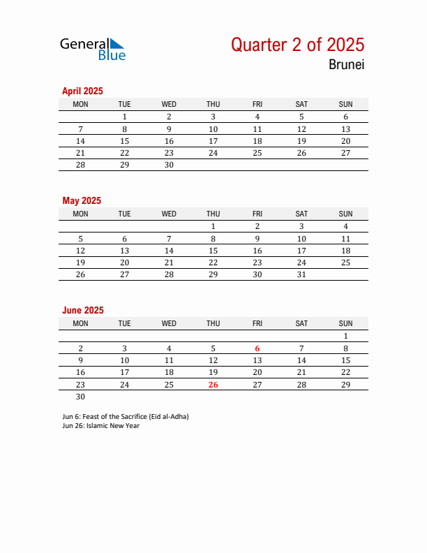 Printable Three Month Calendar with Brunei Holidays