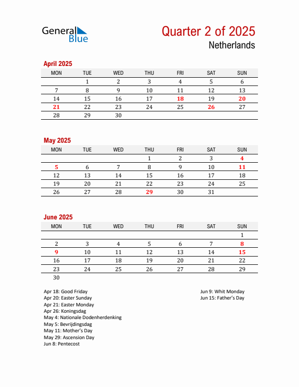 Printable Three Month Calendar with The Netherlands Holidays