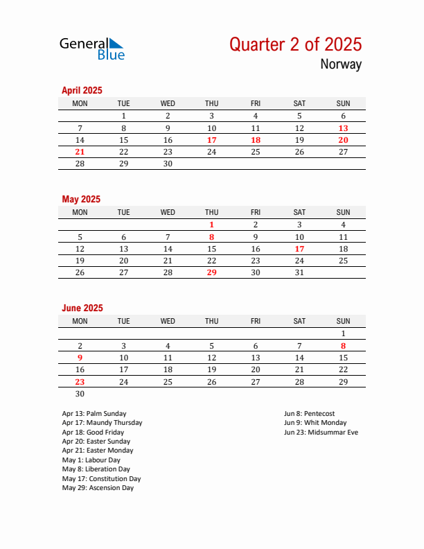 Printable Three Month Calendar with Norway Holidays