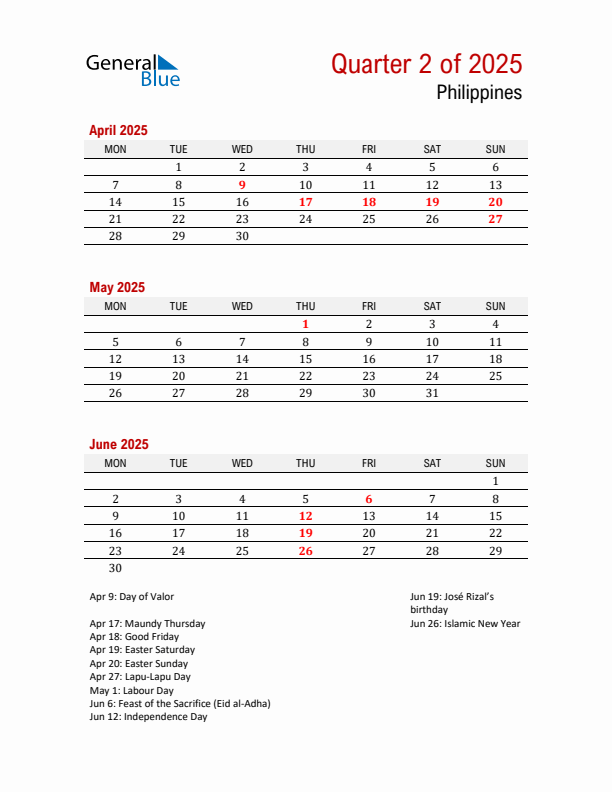 Printable Three Month Calendar with Philippines Holidays