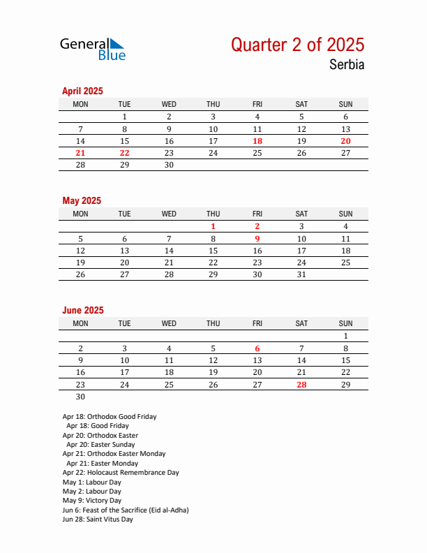 Printable Three Month Calendar with Serbia Holidays