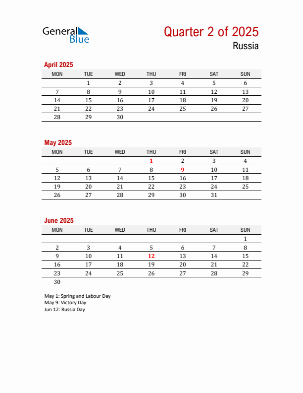 Printable Three Month Calendar with Russia Holidays