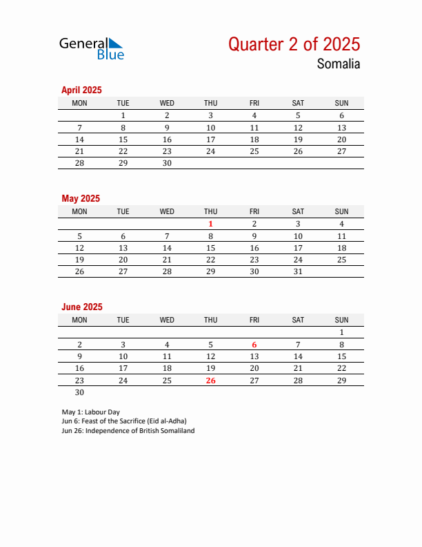 Printable Three Month Calendar with Somalia Holidays