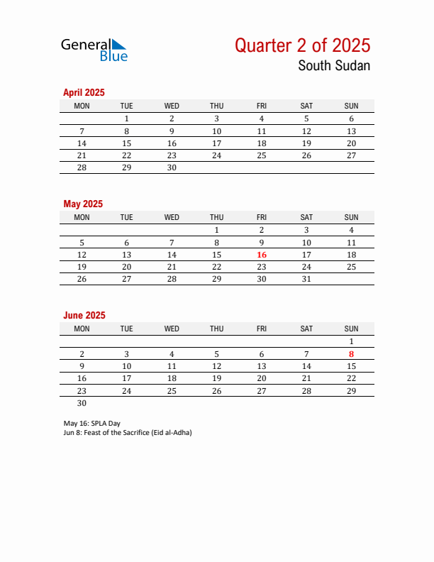 Printable Three Month Calendar with South Sudan Holidays