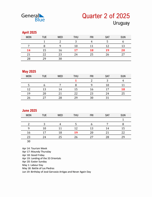 Printable Three Month Calendar with Uruguay Holidays