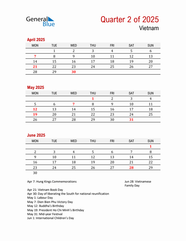 Printable Three Month Calendar with Vietnam Holidays