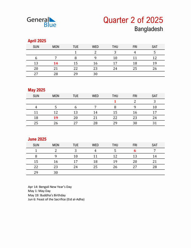 Printable Three Month Calendar with Bangladesh Holidays