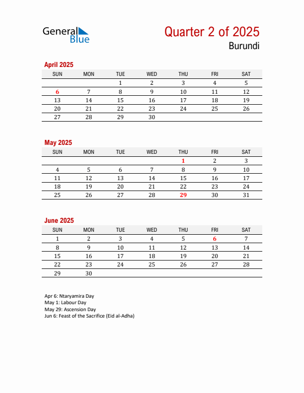 Printable Three Month Calendar with Burundi Holidays