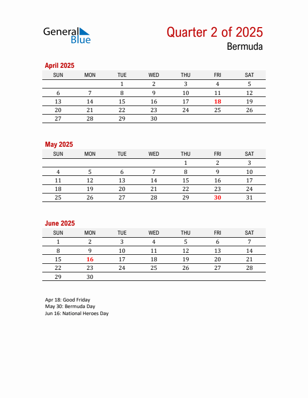 Printable Three Month Calendar with Bermuda Holidays