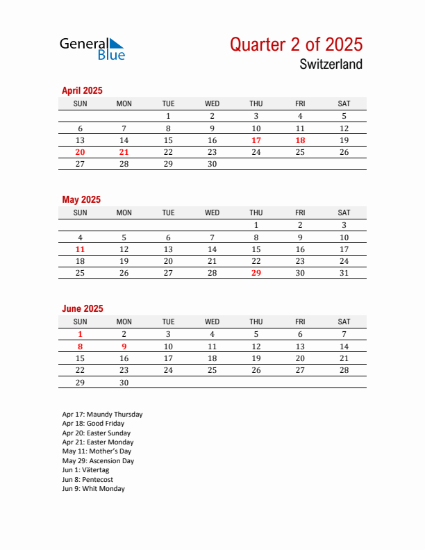 Printable Three Month Calendar with Switzerland Holidays