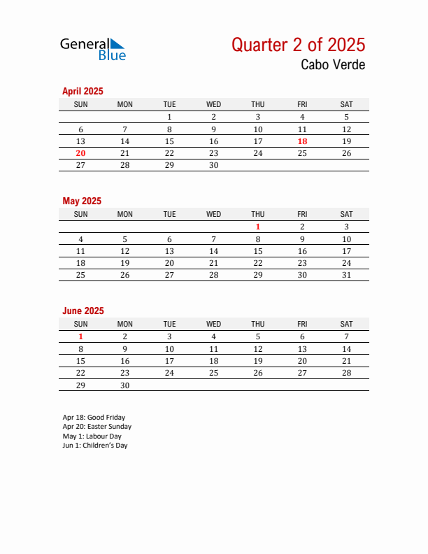 Printable Three Month Calendar with Cabo Verde Holidays