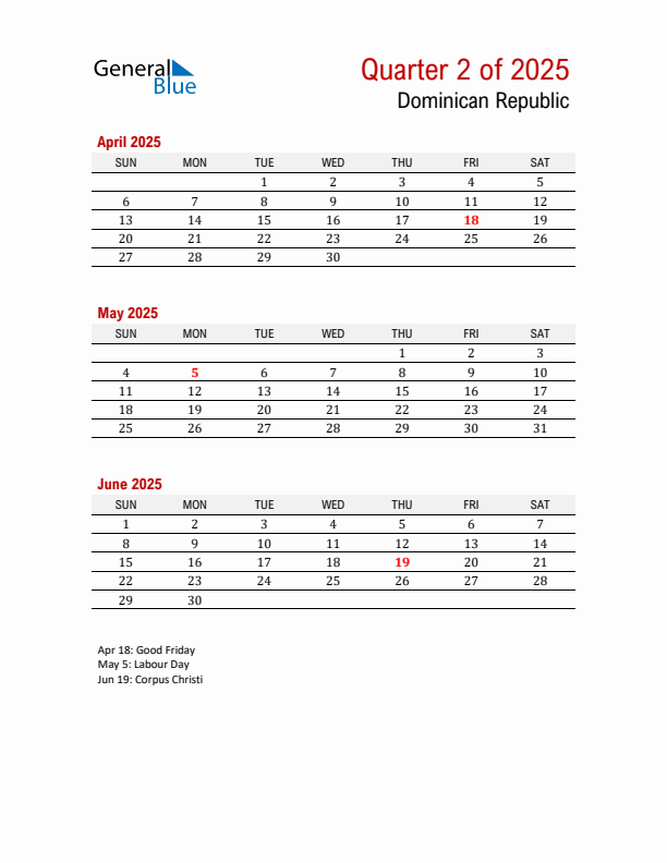 Printable Three Month Calendar with Dominican Republic Holidays