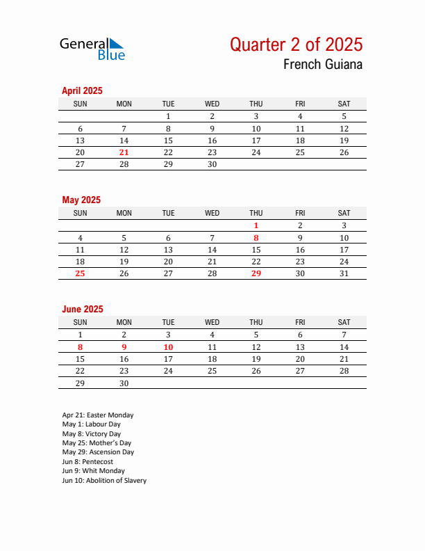 Printable Three Month Calendar with French Guiana Holidays