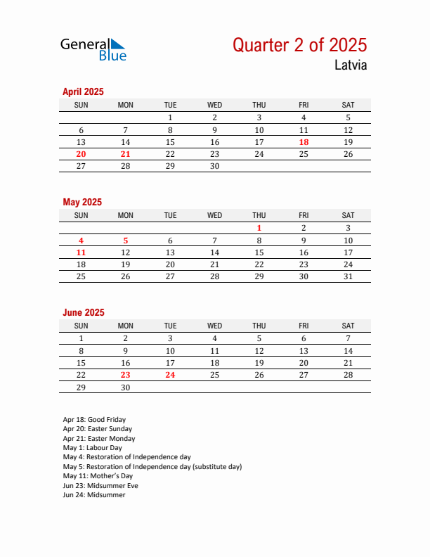 Printable Three Month Calendar with Latvia Holidays