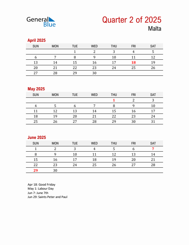 Printable Three Month Calendar with Malta Holidays