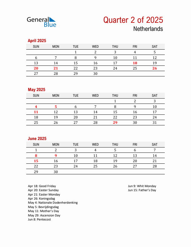 Printable Three Month Calendar with The Netherlands Holidays