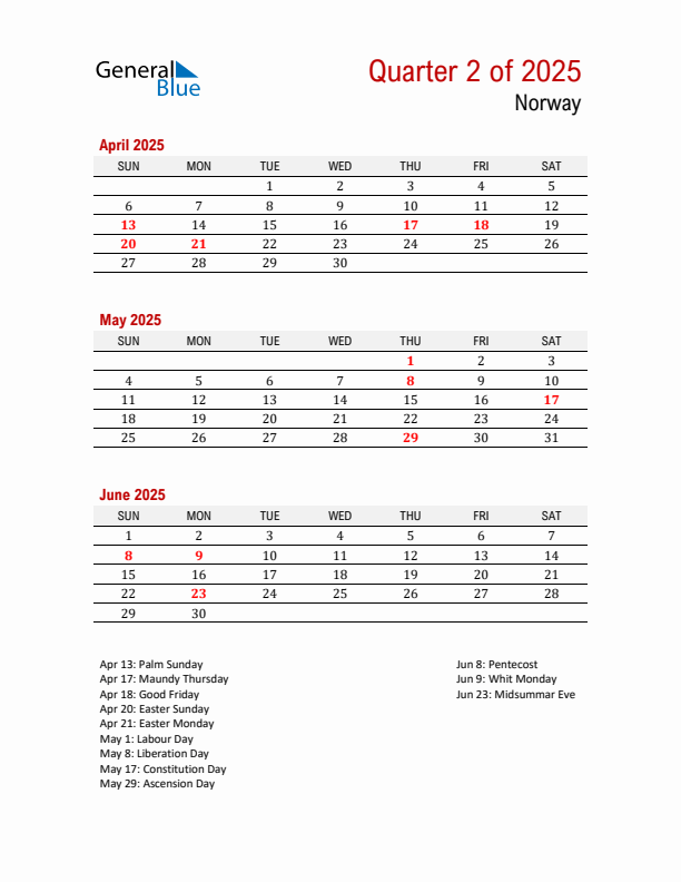 Printable Three Month Calendar with Norway Holidays